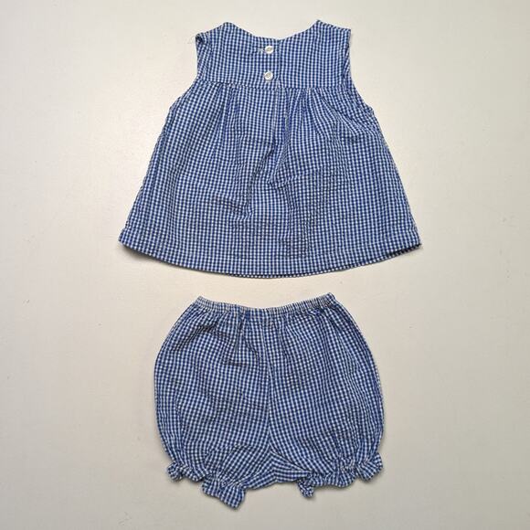 Vintage Ellemenno Outfit Baby Girls Size 6-9m Blue Gingham Seersucker Rabbit - Picture 3 of 5